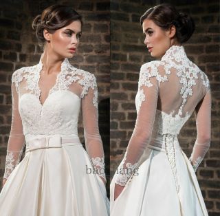 Vintage Long Sleeves V Neck A Line Wedding Dresses Lace Satin Bridal Gown Custom 5