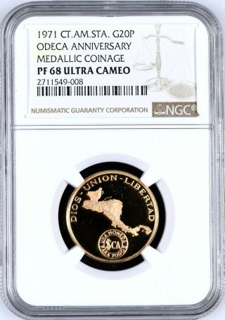 Central American 20 Pesos 1971 Gold Ngc Pf - 68 20th Anniversary Of Odeca Rare