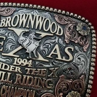 1994 RODEO TROPHY BUCKLE VINTAGE BROWNWOOD TEXAS BULL RIDING - LEO SMITH 468 5