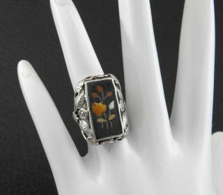 Antique Victorian Pietra Dura Stone Mosaic Ring Ornate Solid Sterling Silver 4.  2