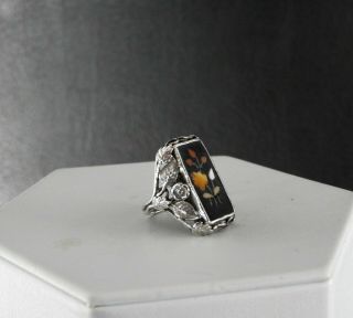 Antique Victorian Pietra Dura Stone Mosaic Ring Ornate Solid Sterling Silver 4.  2 4