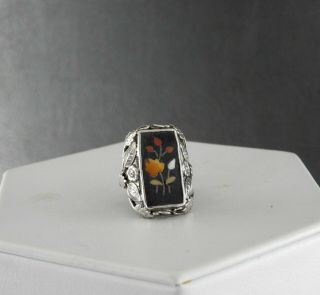Antique Victorian Pietra Dura Stone Mosaic Ring Ornate Solid Sterling Silver 4.  2 5
