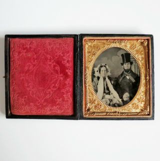 Antique Ambrotype Young Couple Hand Tinted Abe Top Hat 1850s Civil War Striking
