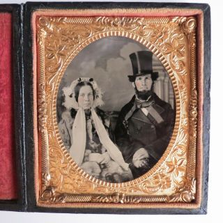Antique Ambrotype young couple hand tinted Abe Top Hat 1850s Civil War Striking 2