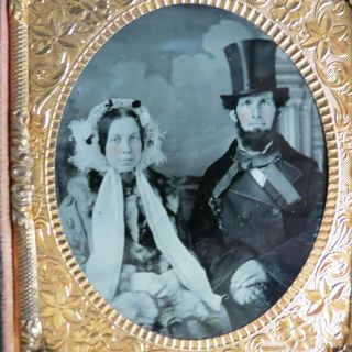 Antique Ambrotype young couple hand tinted Abe Top Hat 1850s Civil War Striking 3