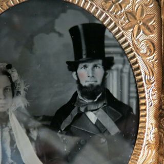 Antique Ambrotype young couple hand tinted Abe Top Hat 1850s Civil War Striking 4