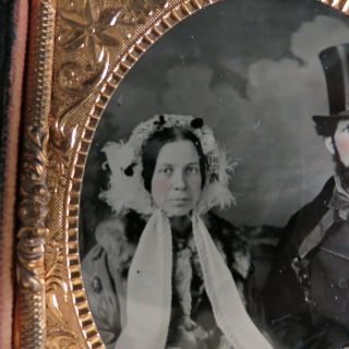 Antique Ambrotype young couple hand tinted Abe Top Hat 1850s Civil War Striking 5