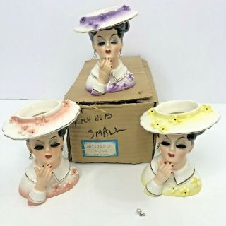 Vintage Lady Head Vase Set Of 3 Box Japan Brown Hair Hat Pearls Gold