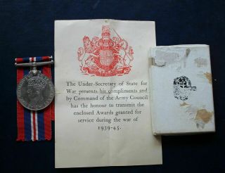 British Wwii 1939 - 45 War Medal With Transmittal Paper