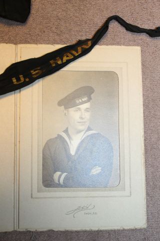 Ww2 Studio Photograph Of An U.  S.  Sailor W/hat Tally For His Sweatheart