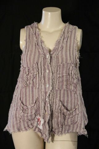 Magnolia Pearl - Vintage Linen Striped Sleeveless Vest Top - Buttons Down Front