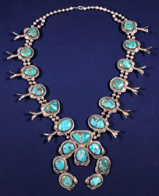 Vintage Navajo Sterling Silver & Turquoise Squash Blossom Necklace Unsigned
