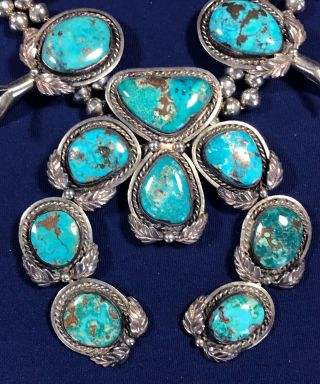 Vintage Navajo Sterling Silver & Turquoise Squash Blossom Necklace Unsigned 2
