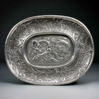 Quality Antique Chinese Silver Dragon Serving Tray 19th Century Sweetmeat Dish