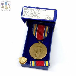 Wwii Us Victory Medal Ribbon Bar Honorable Discharge Lapel Pin D.  L.  Auld Co.  Box