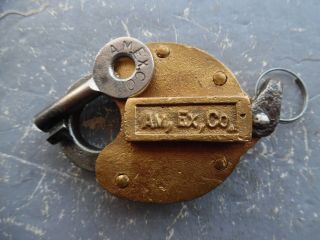 antique DBL SIDED - AMERICAN EXPRESS - AM EX CO freight train padlock lock w key 3
