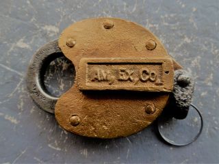 antique DBL SIDED - AMERICAN EXPRESS - AM EX CO freight train padlock lock w key 4