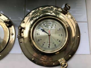 VTG QUARTZ SHIP ' S TIME CLOCK & MIRROR PORTHOLE MARINE HEAVY BRASS NAUTICAL 2PC 2