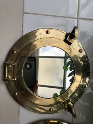 VTG QUARTZ SHIP ' S TIME CLOCK & MIRROR PORTHOLE MARINE HEAVY BRASS NAUTICAL 2PC 5