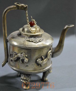 Old Exorcism Tibet Collectable Handwork Miao Silver Carve Lizard Dragon Tea Pots