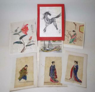 Vintage Japanese & Chinese Minature Pictures Hand Painted Silk Geisha Girl Horse