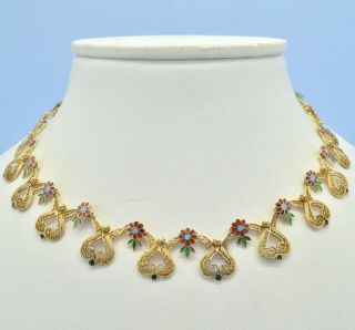 Vintage Necklace 1950s Silver Gilt Enamel Flowers Collar Bridal Jewellery