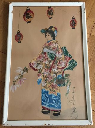 Antique Japanese Toshio Aoki (1853 - 1912) Ink And Color Painting On Paper