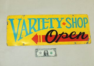 1950s Vintage 2 - Sided Open Sign Arrow Painted Metal Variety Shop Store