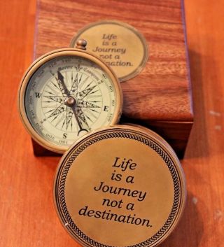 Solid Brass Compass " Life Is A Journey Not A Destination " With Wooden Case