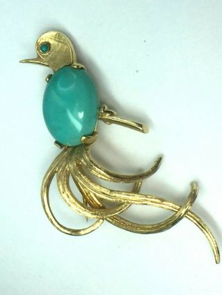14k Yellow Gold Natural Turquoise Pheasant Bird Brooch.  8.  1gm.