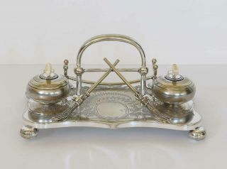 Antique Silver Plate Curling Double Inkwell & Pen Holder George Wish Sheffield