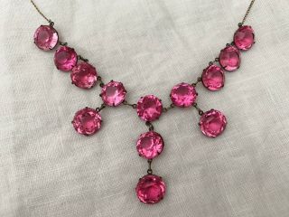 Vintage Antique Art Deco Pink Large Crystal Paste Glass Open Back Bezel Necklace