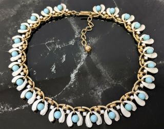 Vintage Trifari Jewellery Faux Turquoise And White Enamel Cabochons Necklace