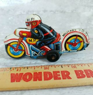 Vintage Mp Military Police Tin Litho Friction Motorcycle Toy Bike,  Nomura Japan