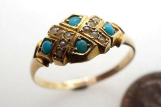 Antique Victorian English 15k Gold Turquoise & Pearl Ring C1874
