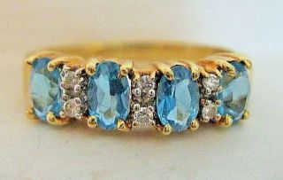 Vintage 10k Yellow Gold 4 Oval Stone London Blue Topaz & Diamond Accent Ring Sz