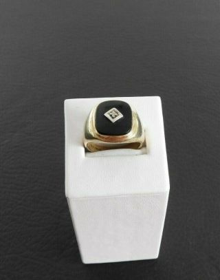 Vintage Signed BT Art Deco Ring Solid 10K Yellow Gold Onyx Diamond Mens 11 4