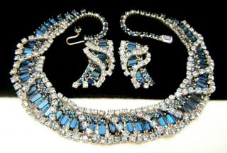 Rare Vintage Signed Kramer York Blue Rhinestone Necklace Earring Set A23