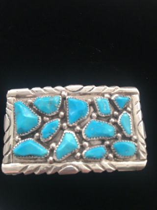 Vtg Navajo Turquoise Belt Buckle Sterling Silver Signed Wayne C.  Robins Egg Blue