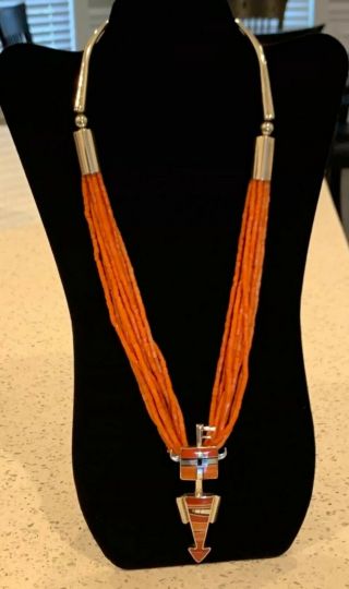 Ray Tracey Knifewing RARE Coral Navajo Native Sterling Necklace Earrings Set 2