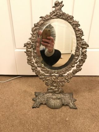 Antique Sterling Silver Mirror Cherub Dressing Table