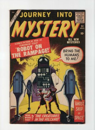 Journey Into Mystery 51 Fn,  6.  5 Vintage Marvel Atlas Comic Robot Cover Gold 10c
