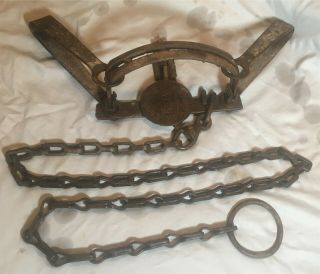 Antique 14 Newhouse Steel Trap - Cut Link Long Chain Model; With Teeth