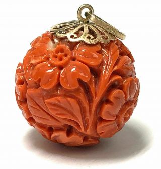 Rare 25mm Large Vintage Red Coral Carved Floral Ball Bead 14k Gold Pendant
