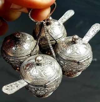 Antique Oman Solid Silver Condiment Cruet Set With Spoons C1920s