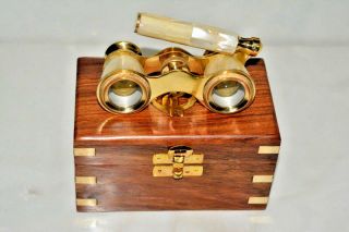 Vintage Brass Mother - Of - Pearl - Binocular Opera Classic - Glasses W/ Wooden Box