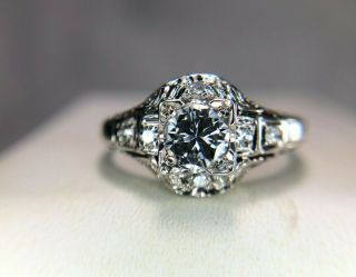 Vintage Art Deco 14k White Gold Round Diamond Filigree Engagement Ring 1/2 Ct