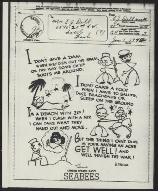 1945 Us V - Mail 98th Naval Construction Bn,  F.  P.  O.  Sf,  Ca - Get Well Poem Seabees