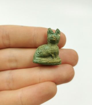 Large Unusual Ca.  1300 Bc Egyptian Faience Cat Amulet - Wearable - R174