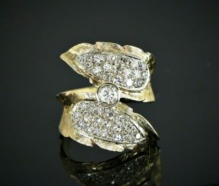 Vintage 14k Yellow Gold Round Single Cut Diamond Wing Feather Cocktail Ring 4.  5
